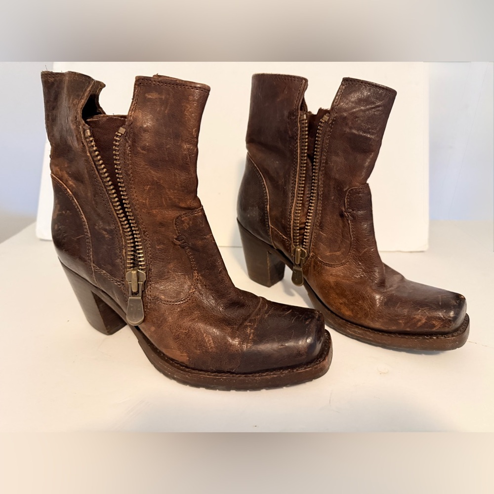 Frye Distressed Brown Leather Heeled Boots